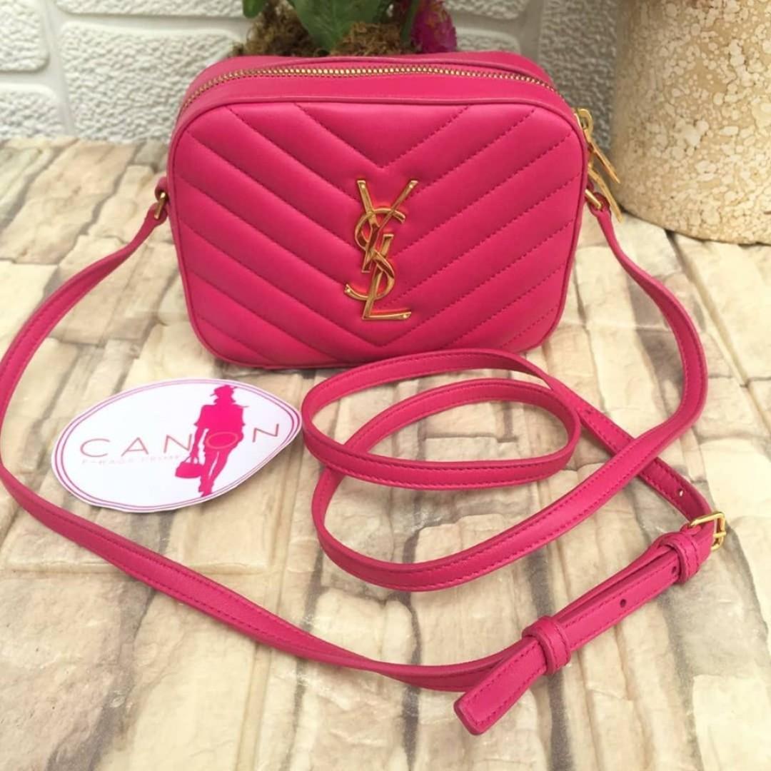 Authentic YSL Matelasse Fuchsia leather Camera Bag Gold hardware
