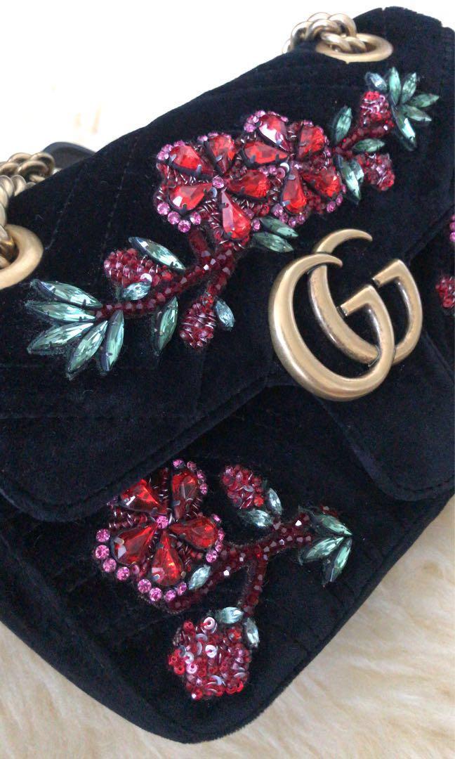 Gg marmont embroidered cheap velvet mini bag