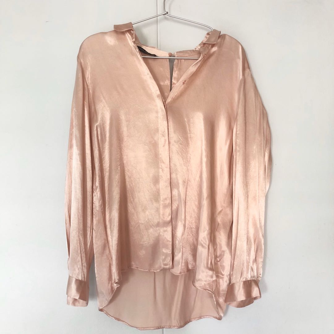 ZARA Salmon Pink Silk Blouse, Women's Fashion, Tops, Blouses on Carousell