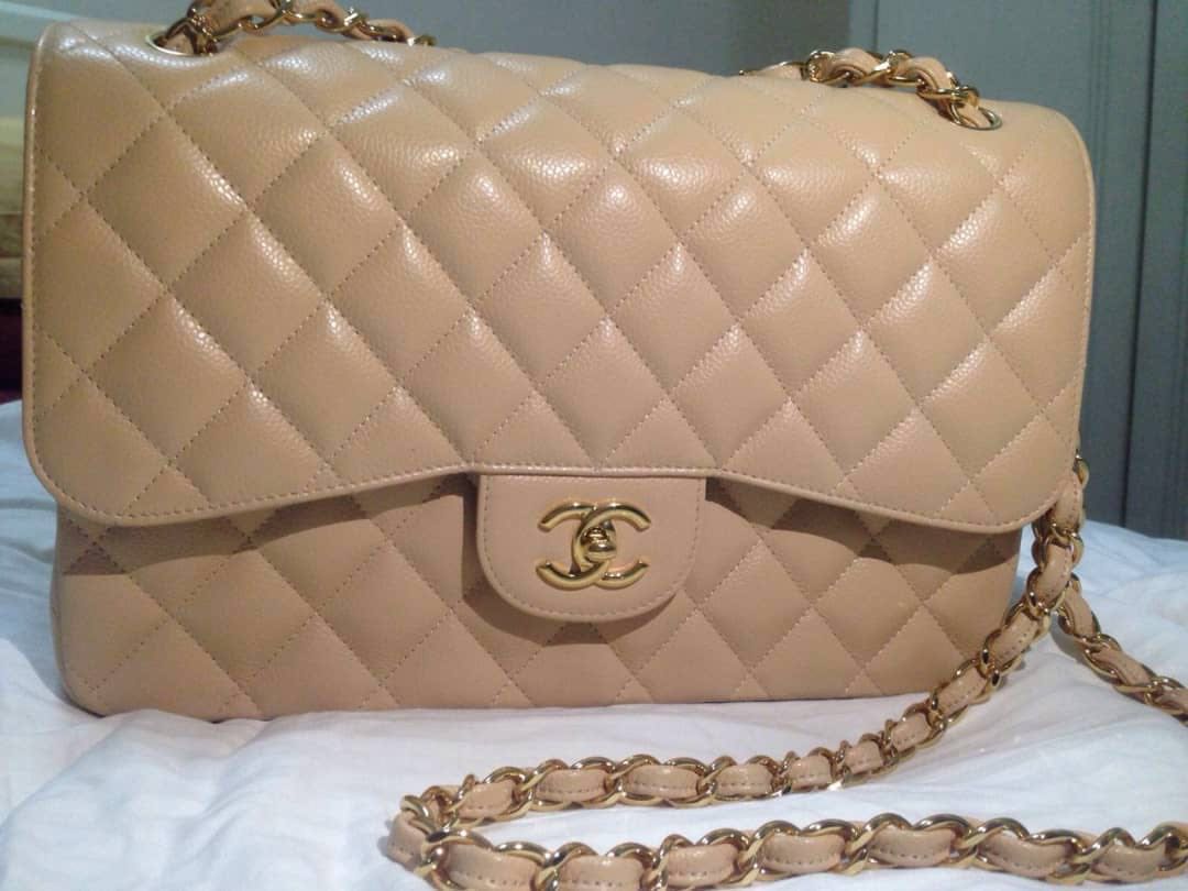 💯% Authentic Chanel Beige Caviar Quilted Jumbo Double Flap Bag with GHW