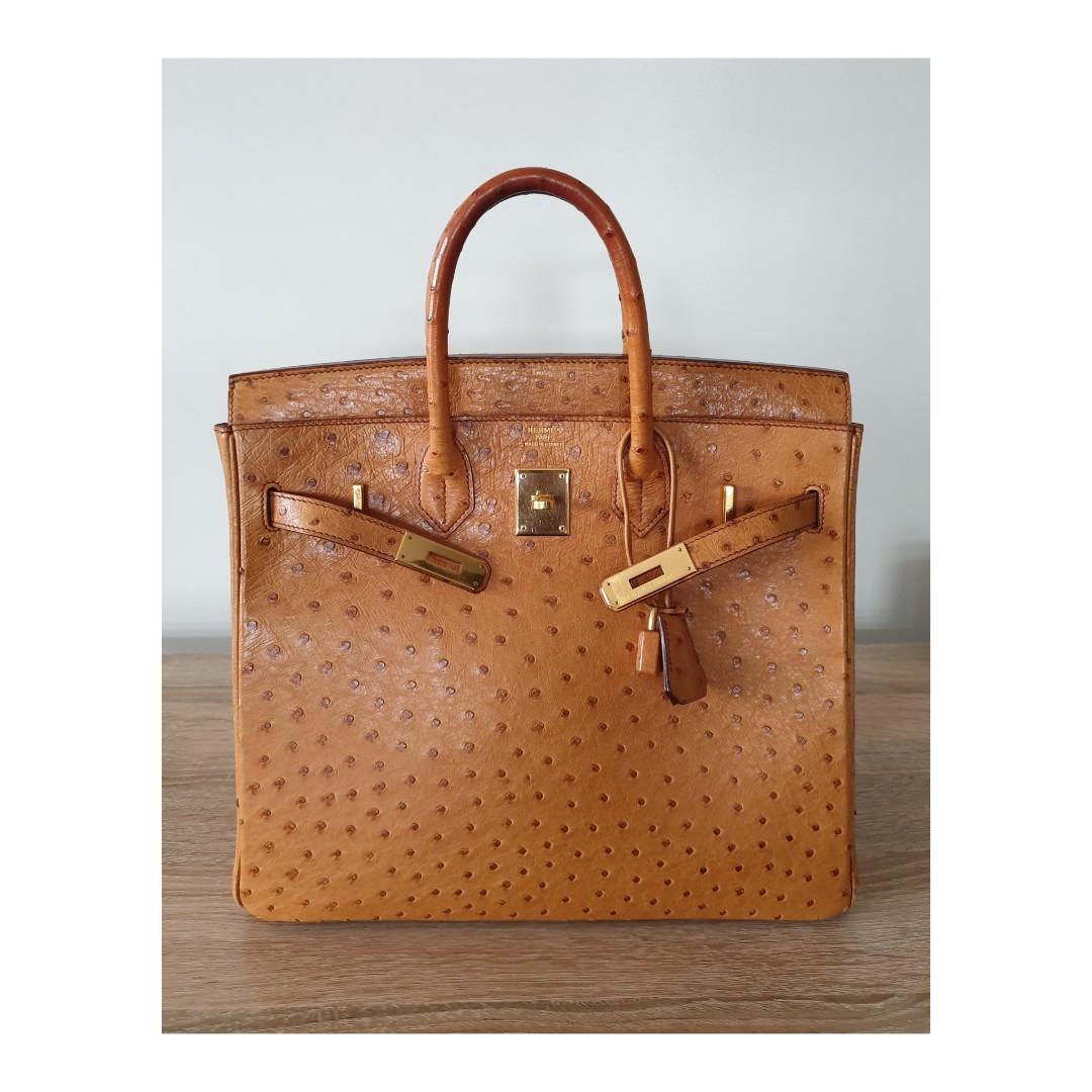 Rare Authentic Hermes Birkin Hac 32 Ostrich Leather Tan Gold Hardware Stamp  G