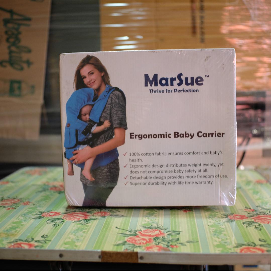 MarSue Baby Carrier (Category: Carriers & Slings) located in Manila. Submitted by belletsy (Listing ID 260946916, Image 1). Description: Marsue Ergonomic Baby Carrier Got this as a gift never got to used it RFS: Got diff brand of baby carrier already Spec: 100% cotton fabric ensures comfortability Ergonomic design ensures distribute weight evenly Detachable design Super Durability .