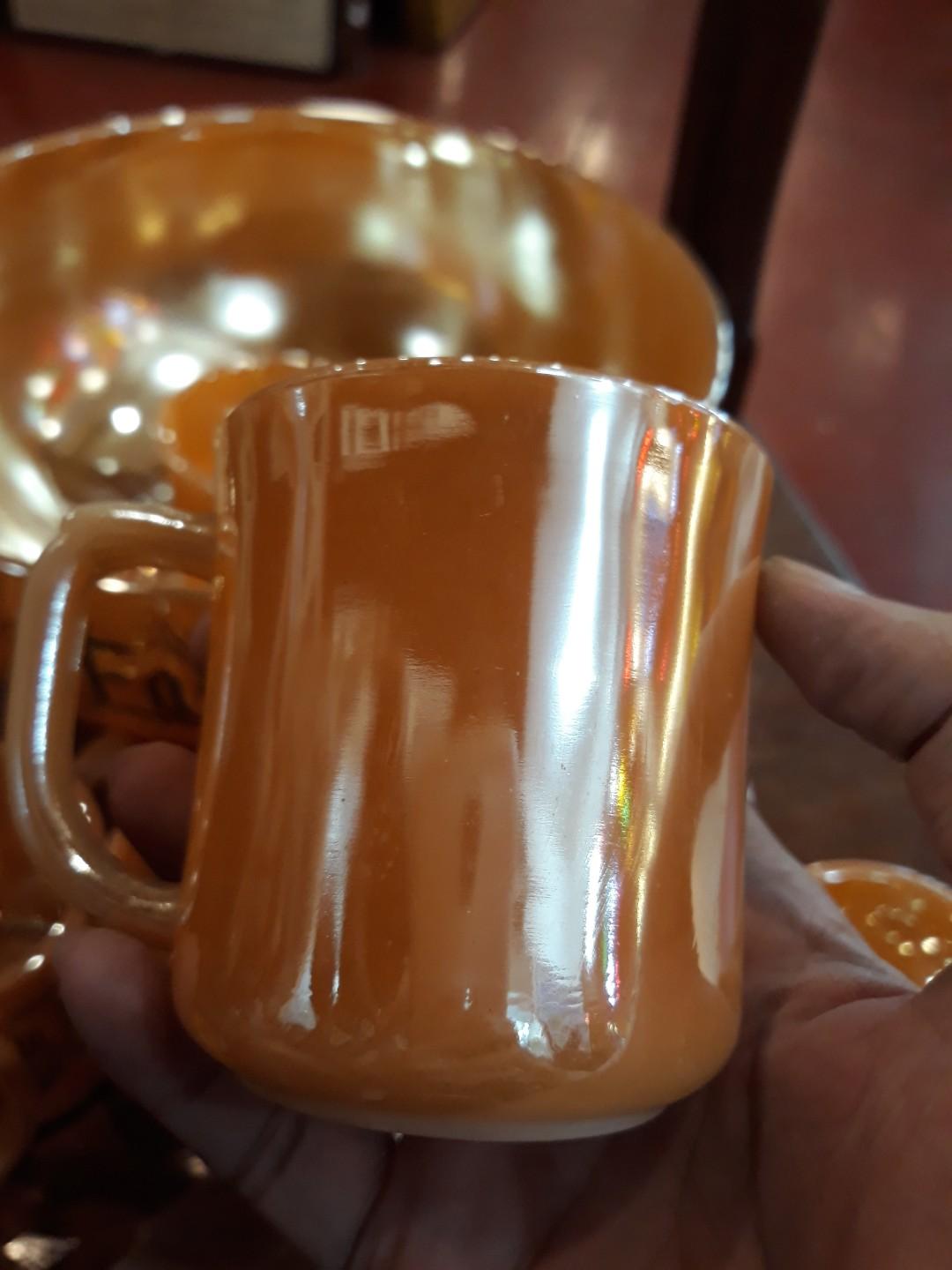 Orange Peach luster Depression glass (Category: Dinnerware & Cutlery) located in Quezon City. Submitted by lobaman (Listing ID 260926953, Image 3). Description: Peach Orange luster in mint condition. Fireking made in U.S.A. 1 x bowl 7 x cups.
