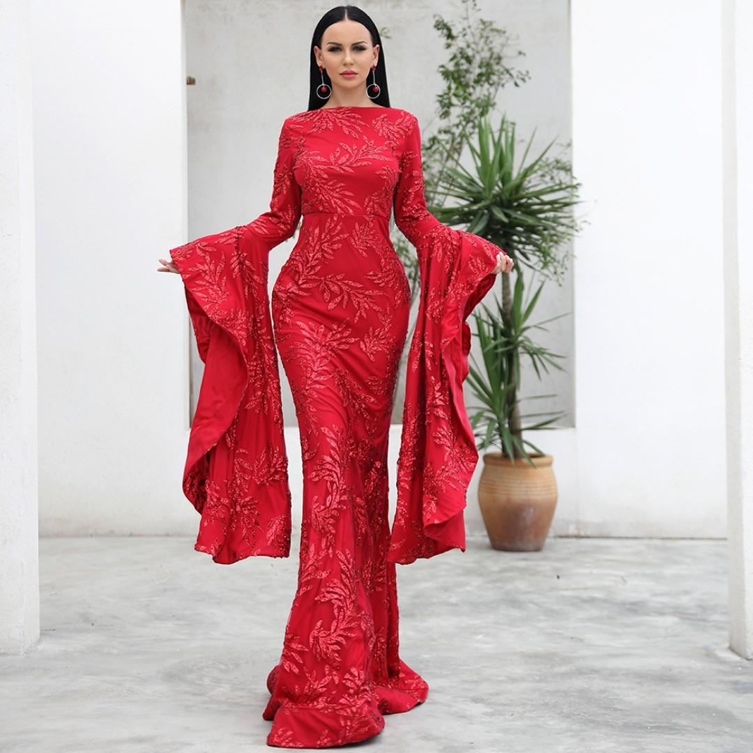 Red long sleeve evening dress new arrivals