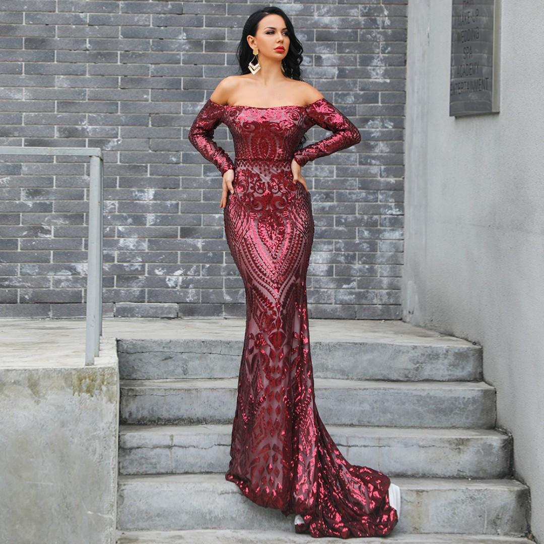 Red long gown cheap off shoulder