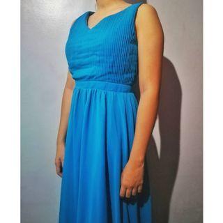 blue pleated long formal gown (measured)