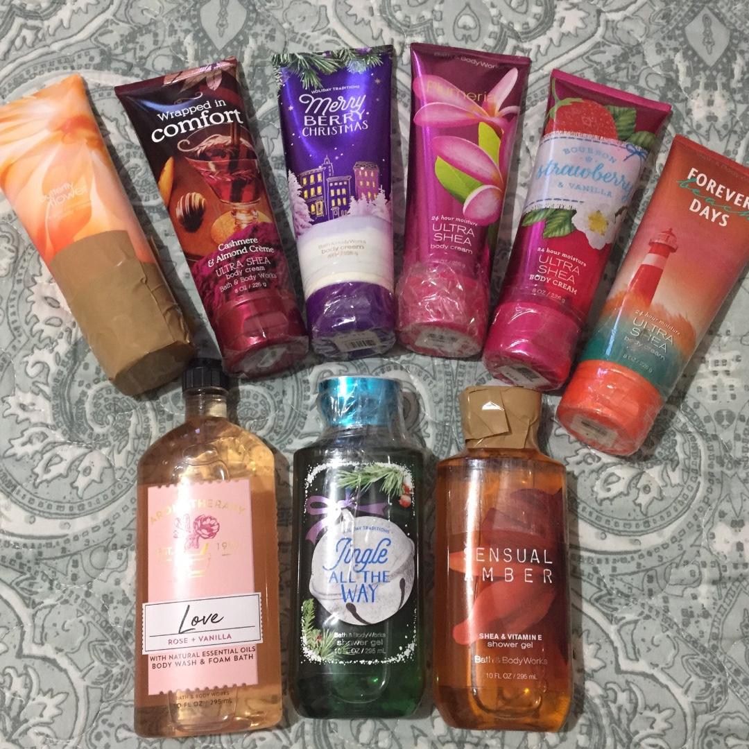 Body Cream & Shower gel (Category: Bath) located in Baguio. Submitted by msgal19 (Listing ID 261106416, Image 1). Description: Authentic Bath and Body Works Body Cream imported from the USA. 8 oz/ 226 g. 24-hour moisture ultra shea body cream. Available scents are shown in the picture. Ultra-rich, non-greasy body cream deeply nourishes skin with protective 24-hour moisture, conditioning Vitamin E & shea butter. Note: Love & Amber Sensual - SOLD.