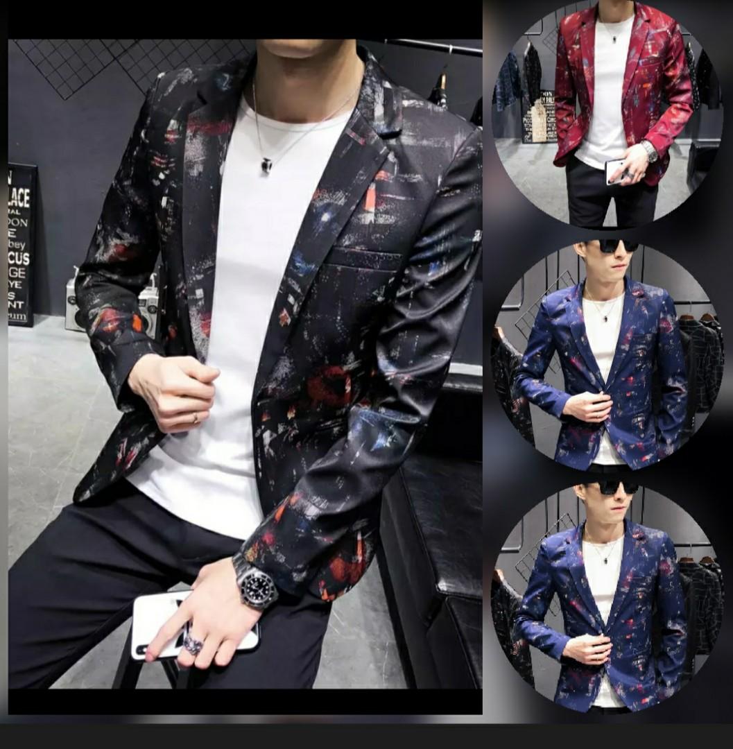 Men blazer blue black red print jacket