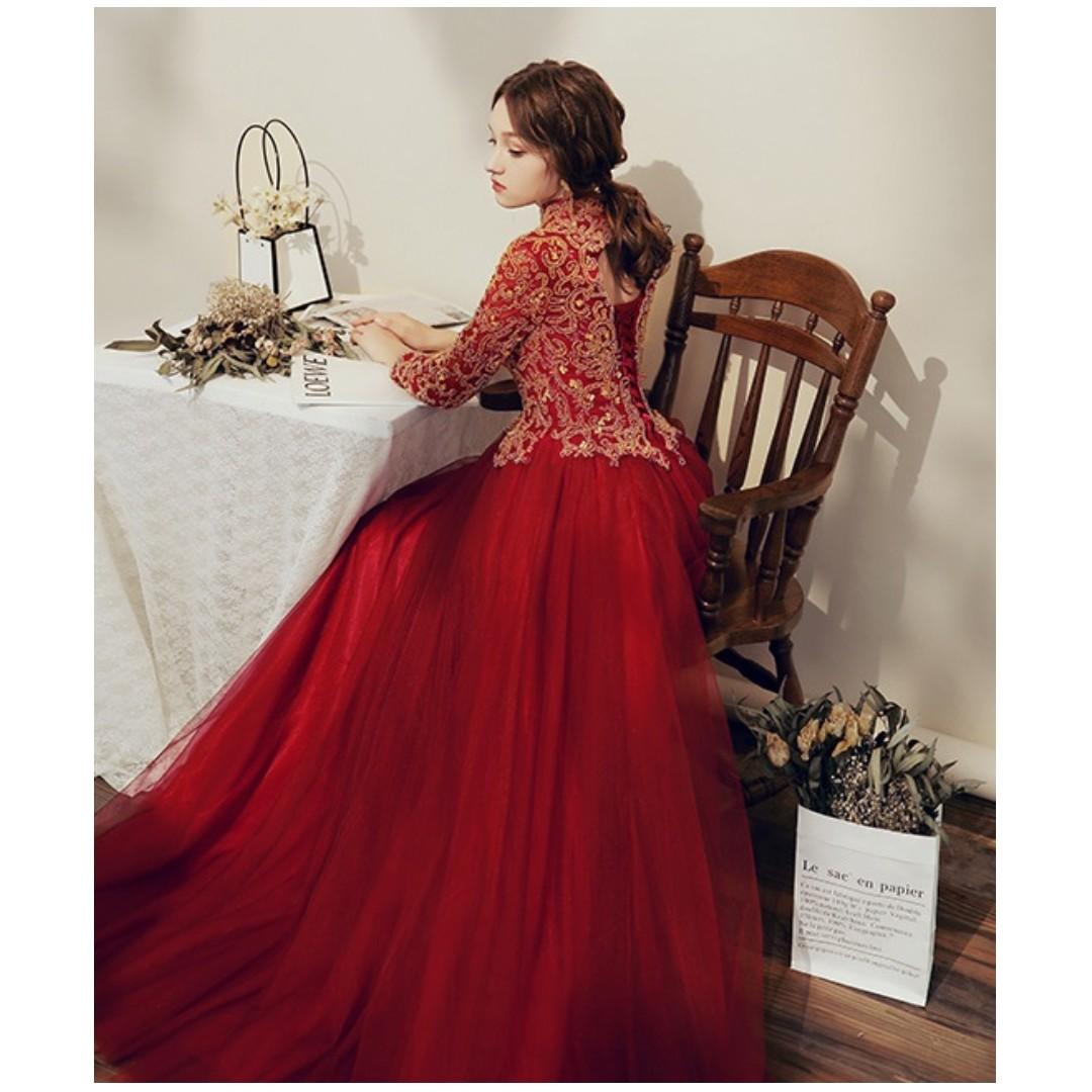 pre order red gold long sleeve wedding evening prom dress gown RBP1180