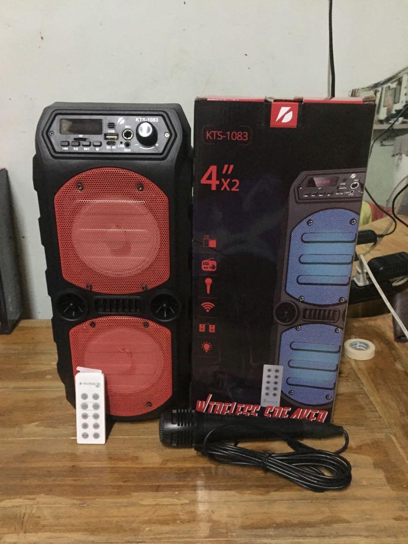 RESTOCKS🔥 KTS-1082 Bluetooth speaker with free microphone (Category: Microphones) located in Manila. Submitted by wil2893 (Listing ID 261210303, Image 1). Description: Specifications: Wireless transmission rang : up to 10 meters Speaker drive size: 4inch*2 Output power: 5WX2 Frequency response: 100Hz-20KHz Signal to noise ratio:>=85dB FM SCan rang: 87.5-108.0MHz USB charging : DC 5V Battery capacity:12mah Max memory support (USB/SD):32GB Play ti