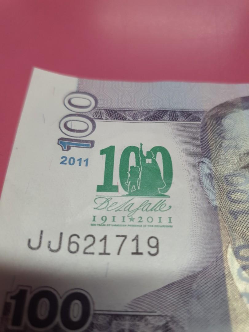 DLSU 100 peso bill (Category: Currency) located in Manila. Submitted by destash2restash3 (Listing ID 261361913, Image 3). Description: 10 pieces available JK692803 sold JJ621719 sold JB822022 sold.