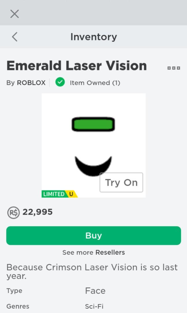 Emerald Laser Vision Roblox Limited Toys Games Video Gaming In Game Products On Carousell - cheapest roblox limited 2018