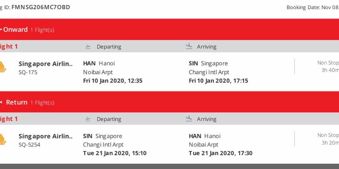 Hanoi to Singapore two ways ticket (Singapore airline ), Travel