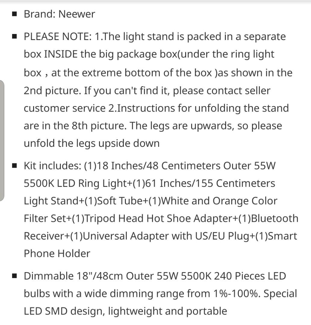 Neewer Camera Photo Video Lightning Kit: 18 inches/48 centimeters Outer 55W  5500K Dimmable LED Ring Light, Light Stand, Bluetooth Receiver for