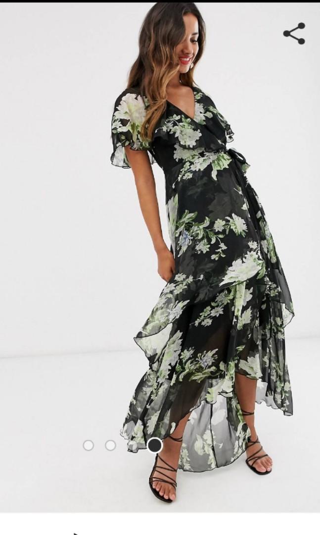 Asos design Cape back dipped hem maxi dress in waterlily print