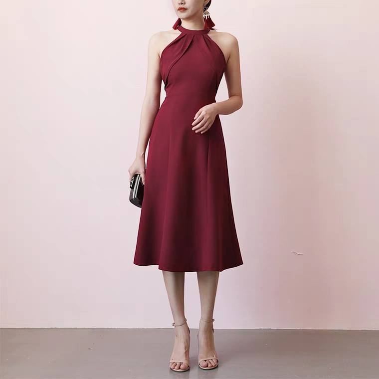 Dark red halter midi dress, Women's 