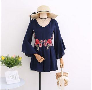 Floral Embroidery V Cut Romper in Navy