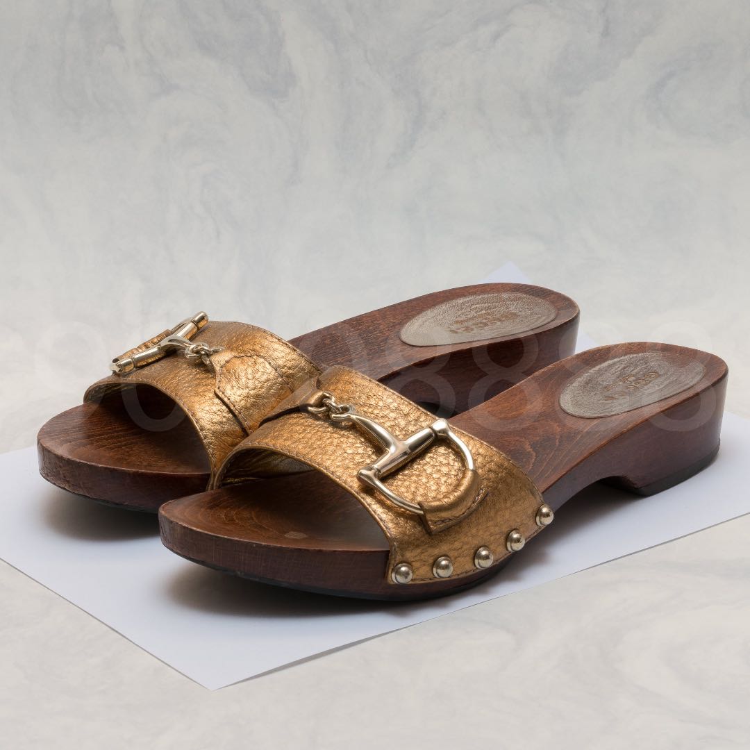 GUCCI Bronze Leather Horsebit Wooden Slide Sandals Platform Size 6.5
