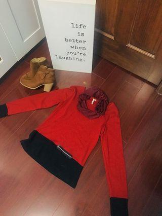 Navy & Red Chic Sweater Top with Matching Scarf- Size S