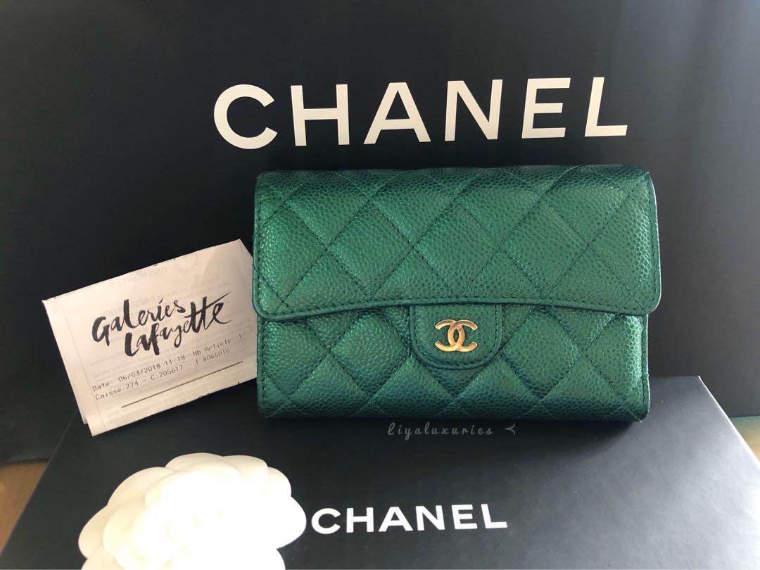 Chanel 18S emerald green trifold wallet, Luxury, Bags & Wallets on