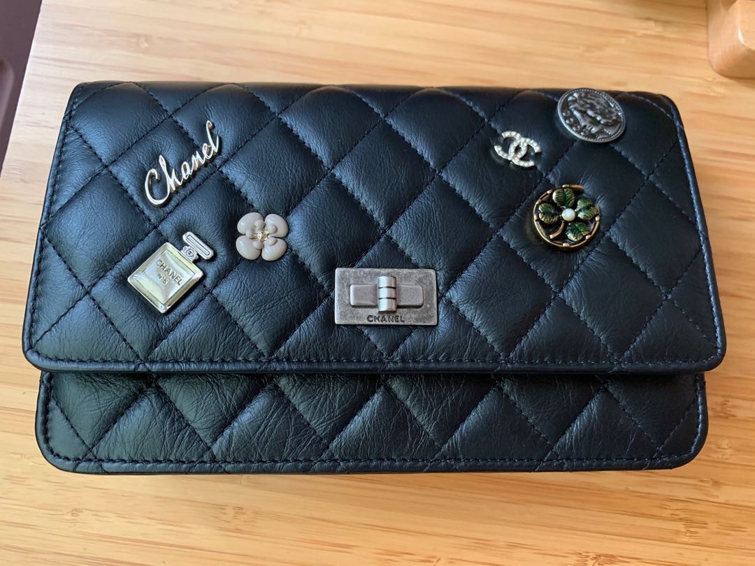 Chanel 2.55 wallet on chain, with lucky charms, aged calf skin