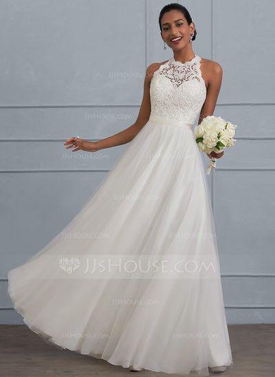 Jjshouse A Line Princess Scoop Neck Long Tulle Wedding Dress
