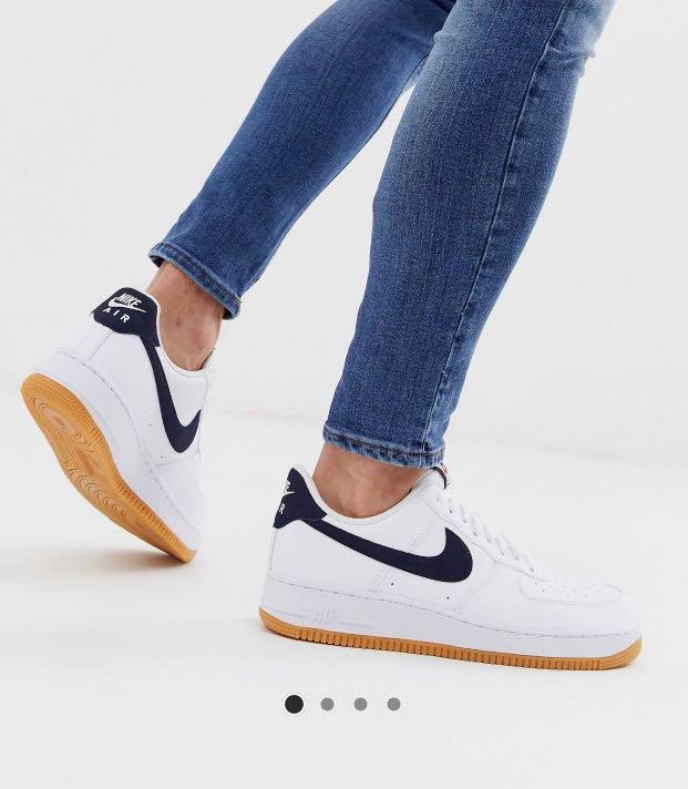 Nike air force 1 trainers on sale with navy swoosh and gum sole