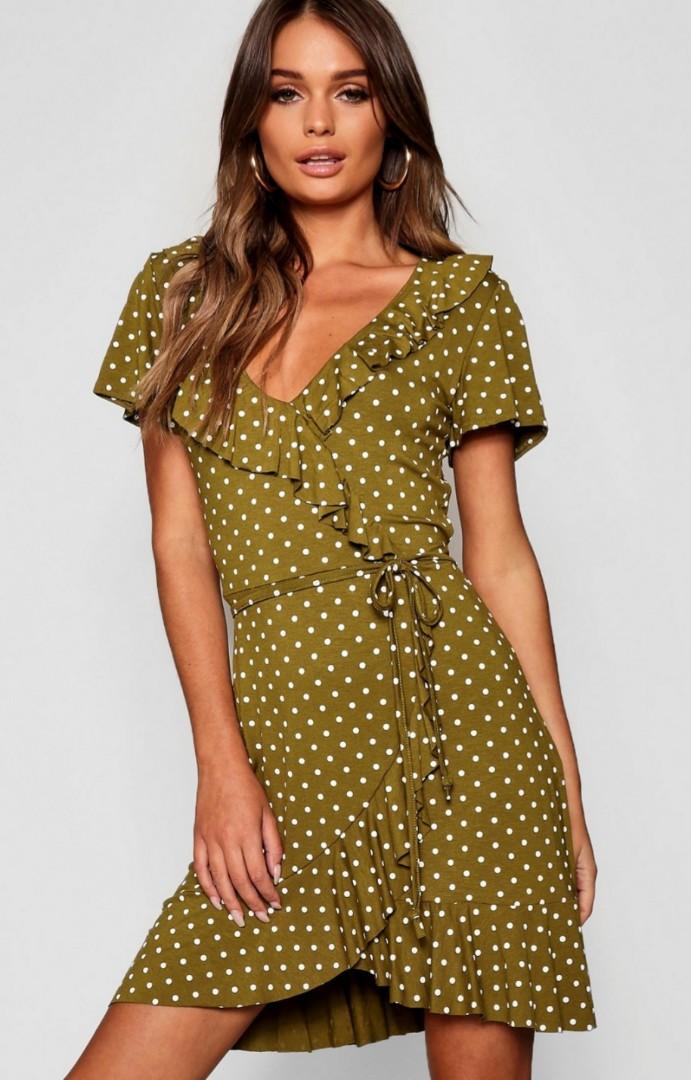 Polka dot wrap front ruffle tea dress online