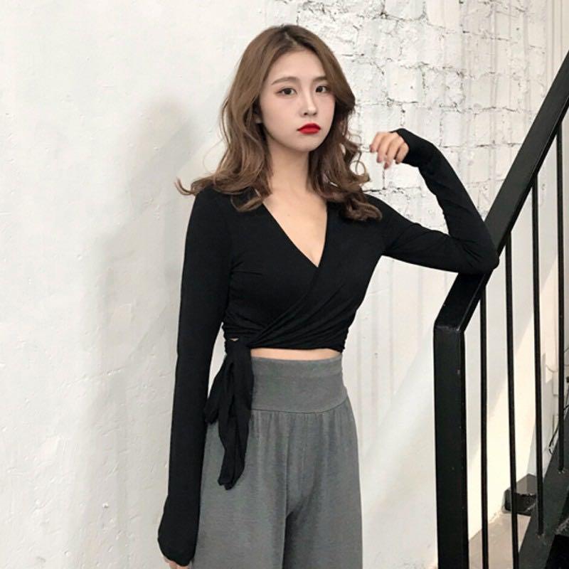 red long sleeve wrap top