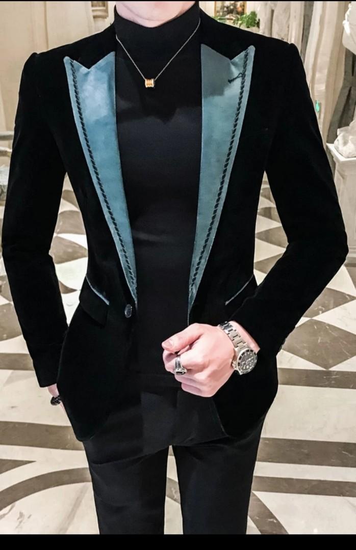 Men blazer slim fit style black green formal jacket