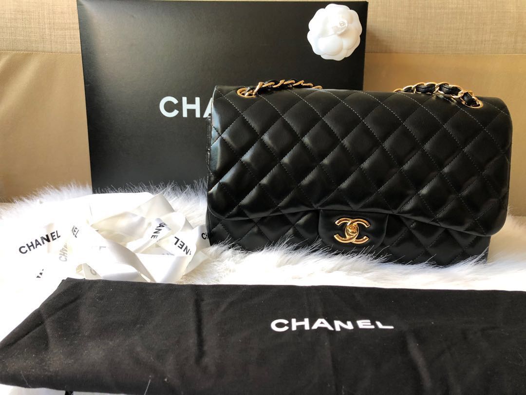 Chanel Vintage Black Jumbo Classic Flap Bag 24k GHW Lambskin Large CC