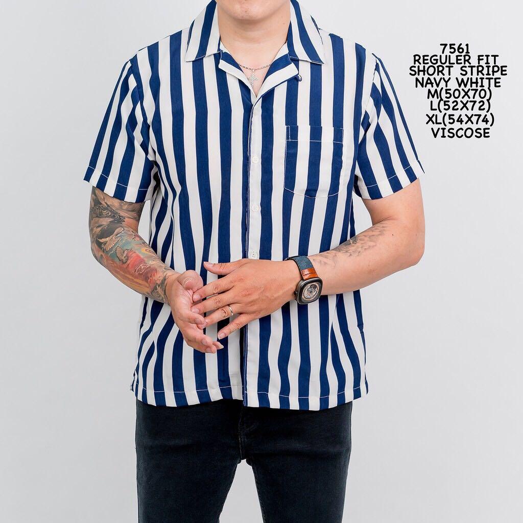 Sale Men Stripe Short Sleeve Navy Korean Shirt Men S Fashion Clothes Tops On Carousell