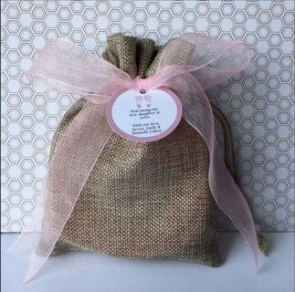 Jute pouch , ribbons , custom tags - party favor bags package