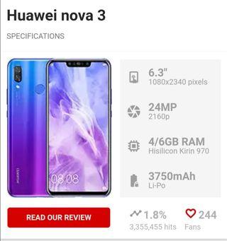 Selling  11 month used Huawei Nova 3