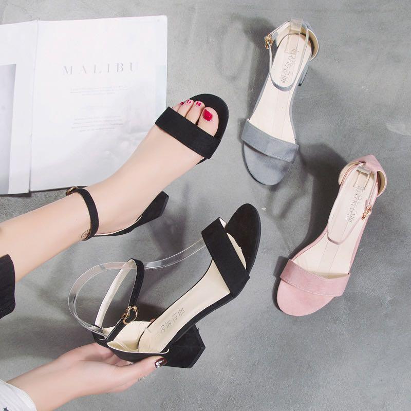 grey strappy block heels
