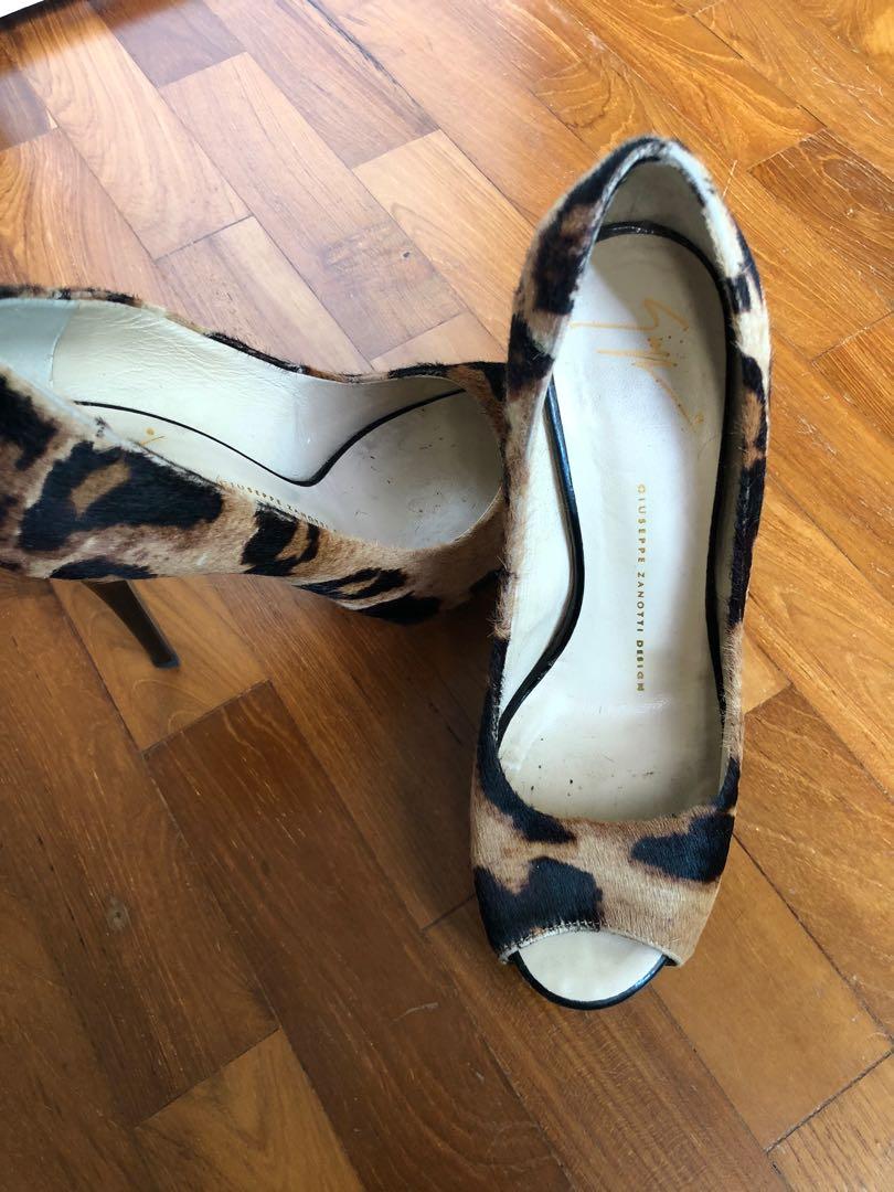 Giuseppe Zanotti Brown White Leopard Print Calf Hair Peep Toe