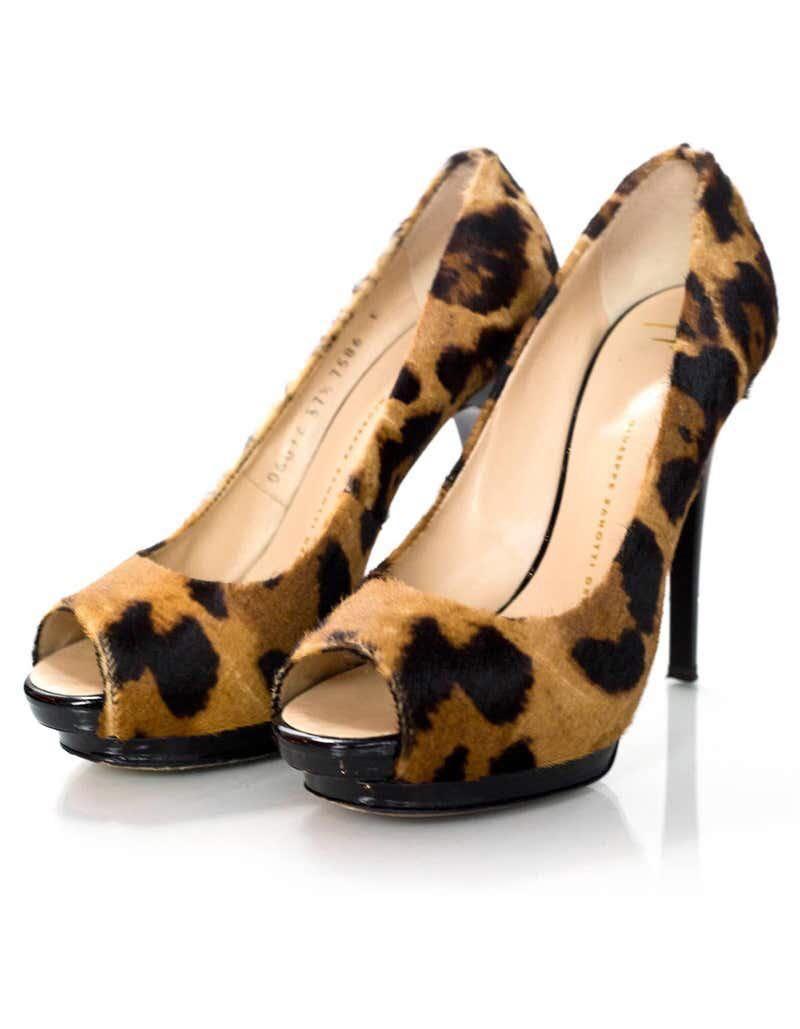 Giuseppe Zanotti Brown White Leopard Print Calf Hair Peep Toe
