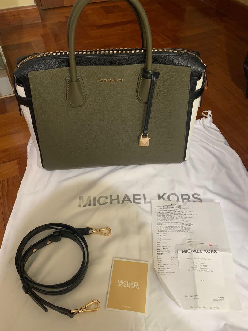 Michael Kors Mercer Medium Tri-color Pebbled Leather Belted Satchel