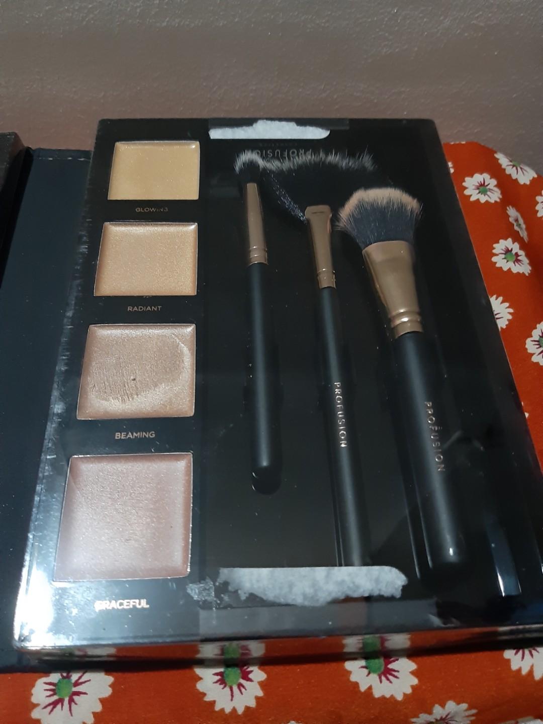 Profusion Cosmetics - Highlighter, blus, brushes (Category: Makeup) located in Manila. Submitted by pear_l (Listing ID 262813421, Image 3). Description: Used 2x only but not abused. Profusion Cosmetics. Add incredible radiance and dimension to your face with this Profusion highlighter kit! Features a variety of luxury highlighters to showcase your favorite features. Ultra-blendable formula diffuses into the skin for long-lasting radiance. Include