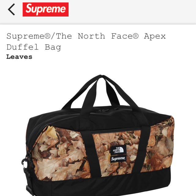 Supreme x the north face tnf leaves duffle bag, 男裝, 袋, 腰袋 