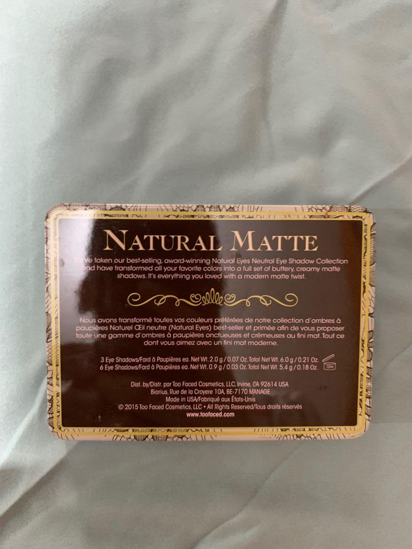Too Faced Natural Matte Eyeshadow Palette (Category: Makeup) located in Marikina City. Submitted by ernieco (Listing ID 262890826, Image 2). Description: Some pans not yet used Used only on special occasions Authentic. Bought at Sephora US. Hit me up if interested!.