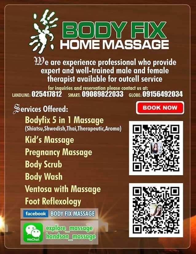 quality massage (Category: Massage Devices) located in Pasay City. Submitted by bodyfixspa (Listing ID 262982198, Image 2). Description: offered quality massage service around the metro,we have the most well-trained and expert male and female massage therapist available for home,hotel service. for more info. 02-85417812 09089822033 09156492034.