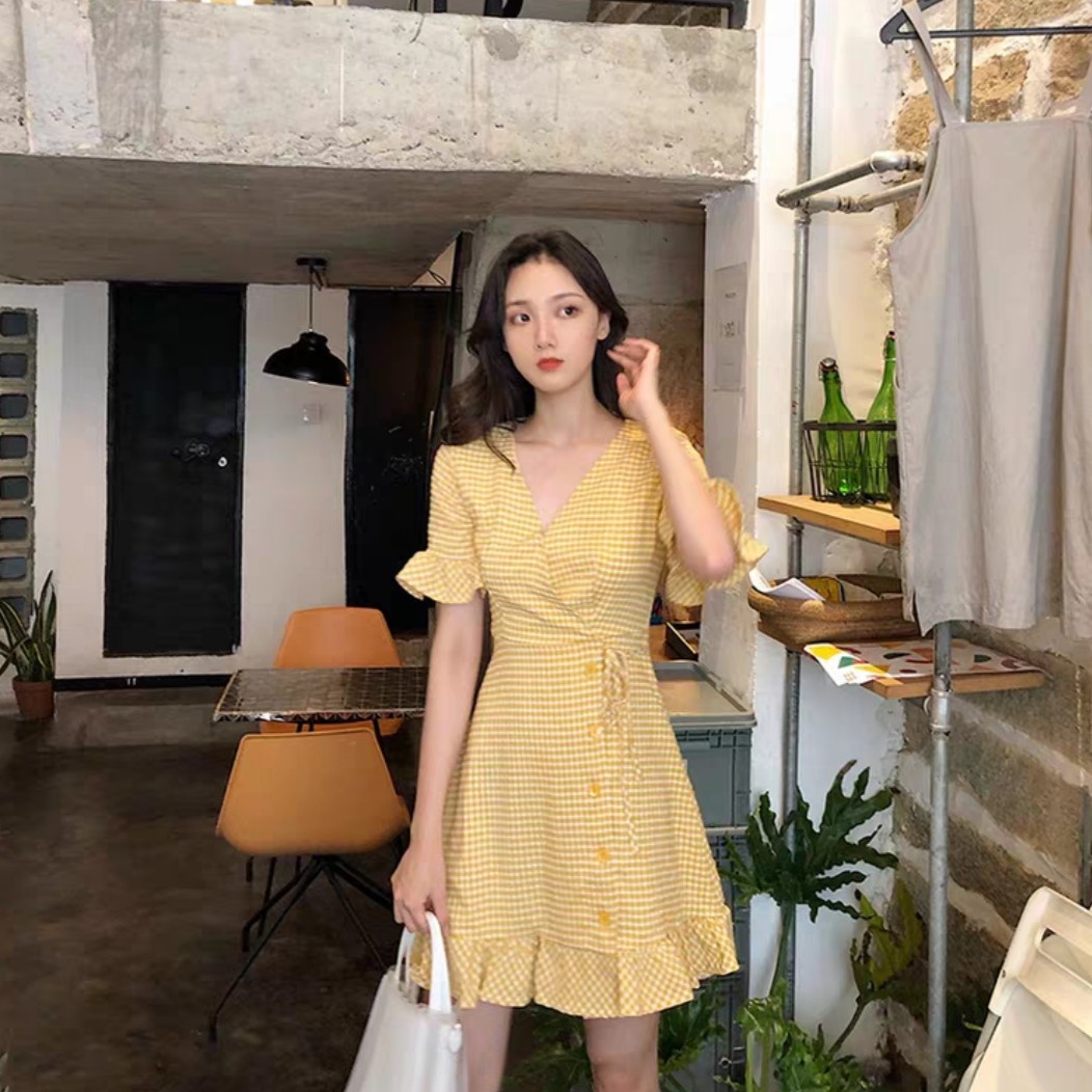 Yellow checkered dress clearance