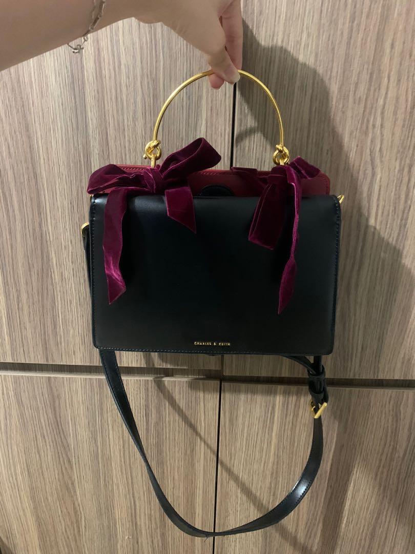 Charles Keith Velvet Bow Detail Top Handle Bag