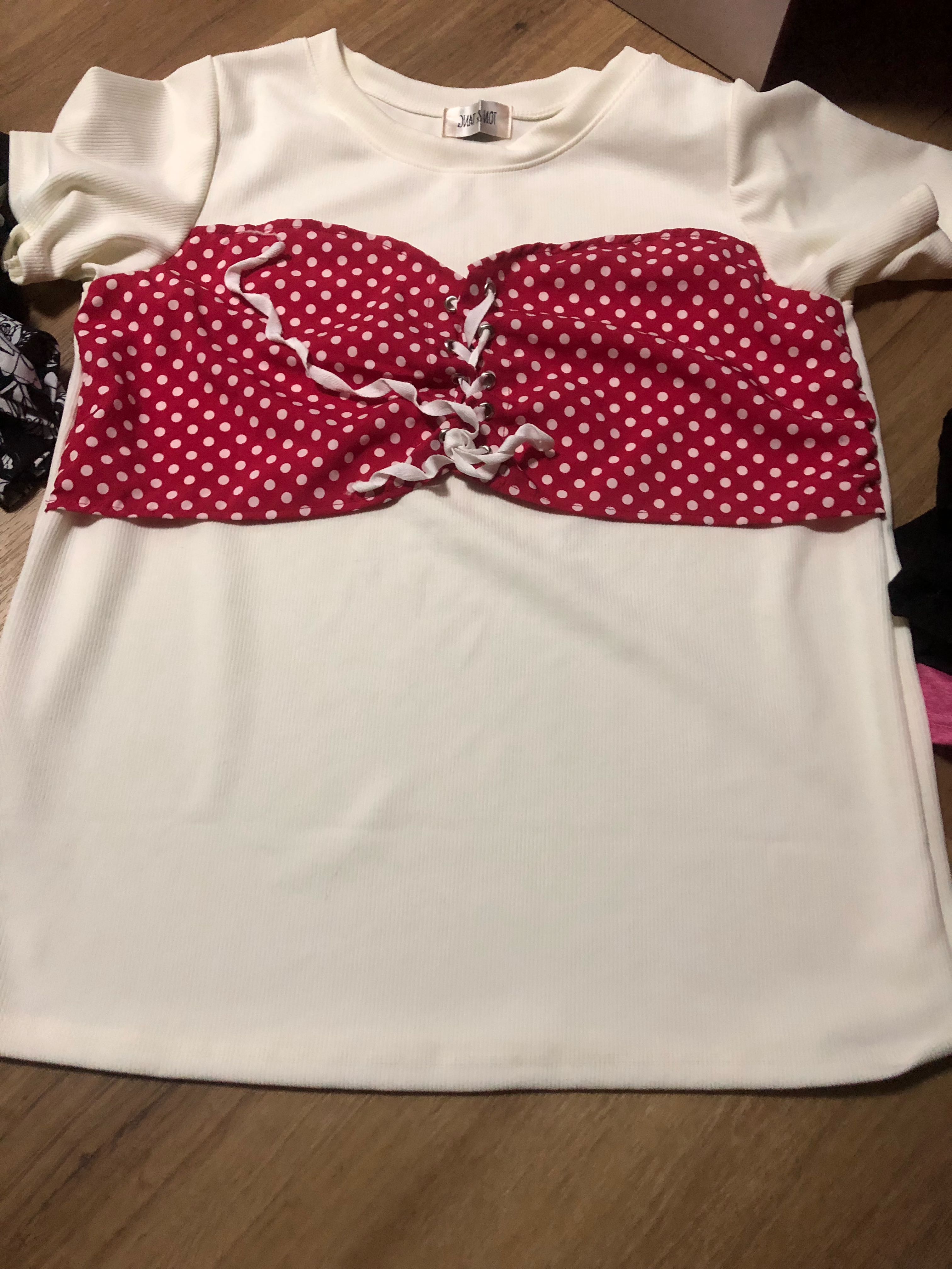 red and white polka dot top