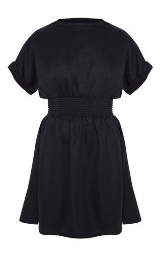 Black Puff Sleeve Shirring Detail Jumper Dress