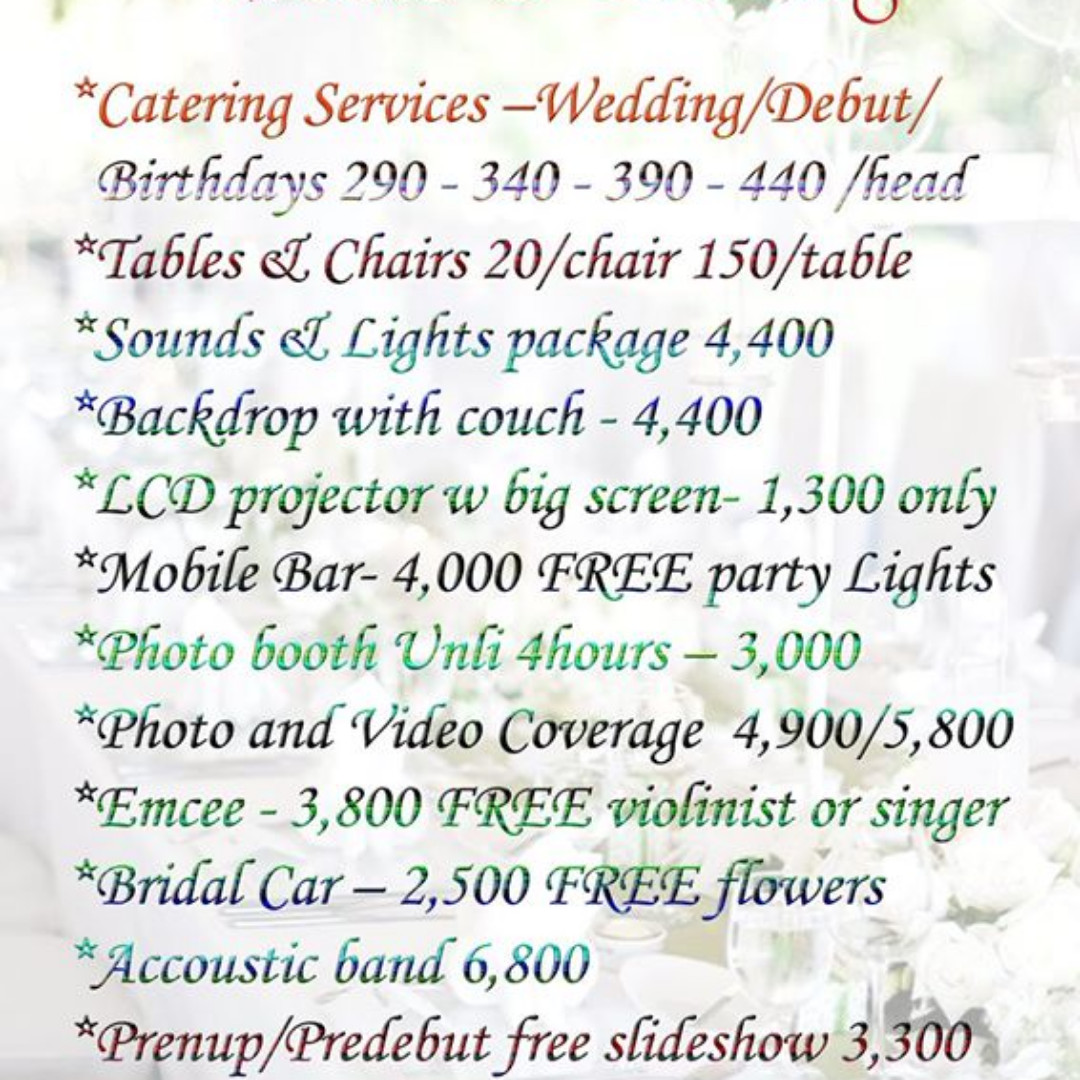 Catering Photo Video Tables & Chairs Backdrop Photo booth LCD Projector Acoustic Band Singer Violinist