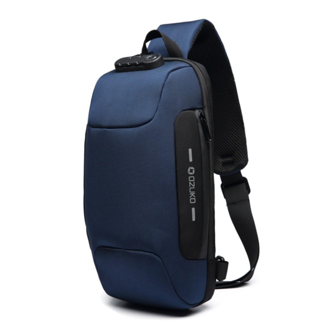 OZUKO Men Anti-theft Lock Sling Bag Blue Colour Fashion Chest Pack Waterproof USB Crossbody Bag ...
