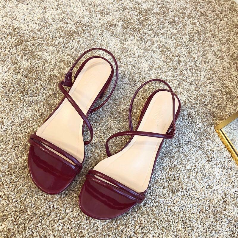 Strappy Korean Block Heel Sandals wine red