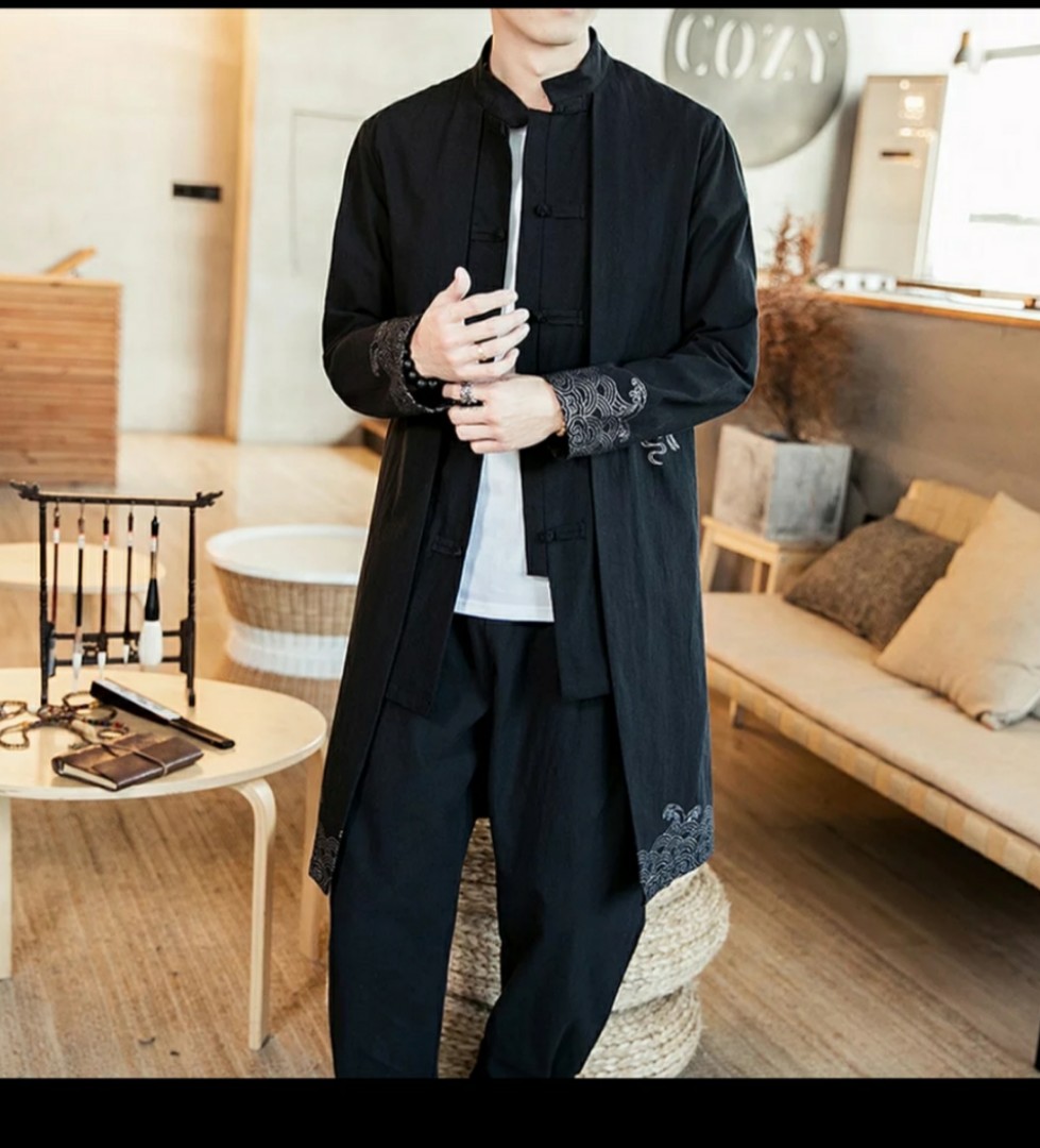 Japanese men trenchcoat blue black long style kimono